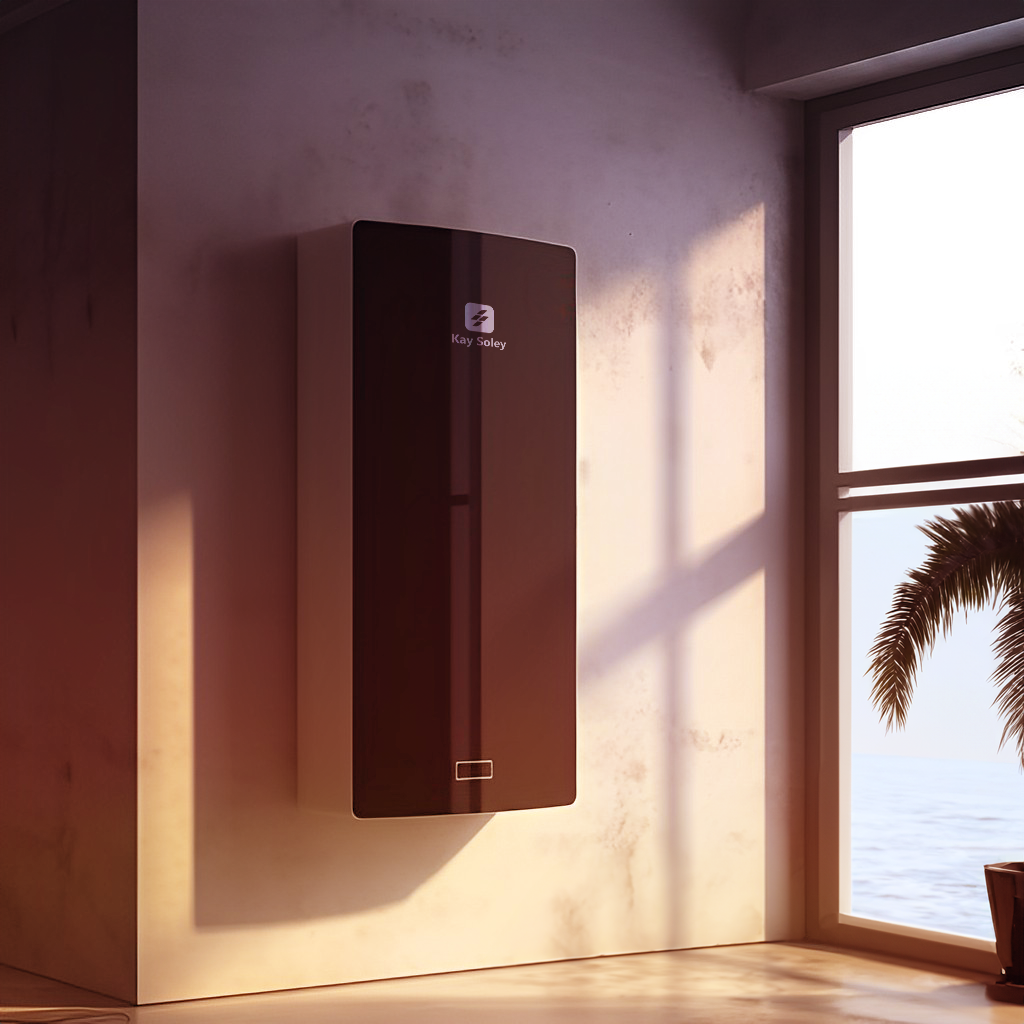 Batterie solaire dernier cri Kay Soley. Acrrochée sur un mur à l'intérieur d'une maison moderne