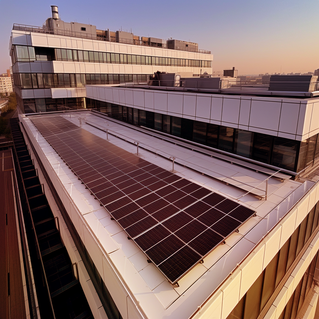 Grande installation solaire sur le toit d'une immeuble de bureau en ville