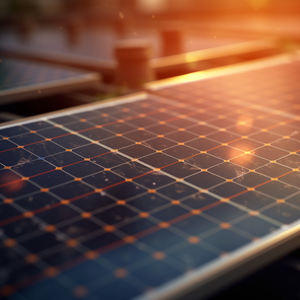 Zoom sur un panneau solaire dérnière génération, avec reflet du soleil en fin de journée