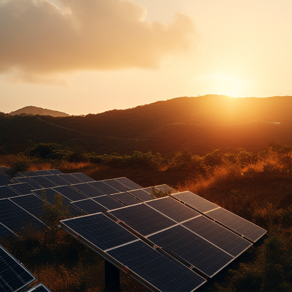 Paysage aride avec un champ de panneaux solaire, le soleil est sur le point de disparaitre dérrière une colline en arrière plan