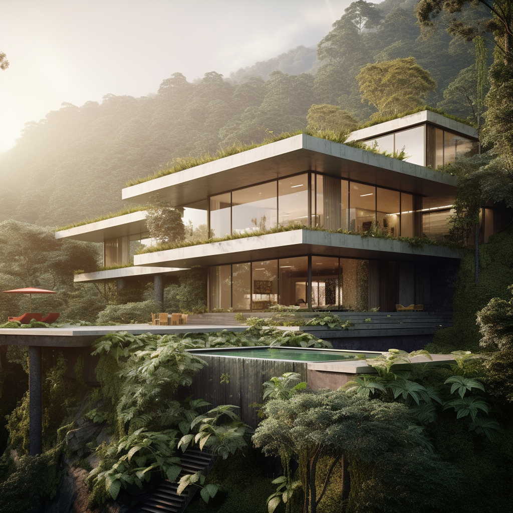 Maison moderne de luxe, eco-responsable, surplombant une forêt tropcial luxuriante
