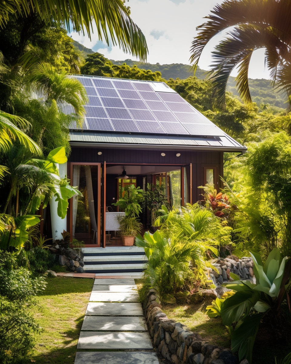 Petite maison moderne enfoncée dans la forêt, équipée de panneaux photovoltaïques